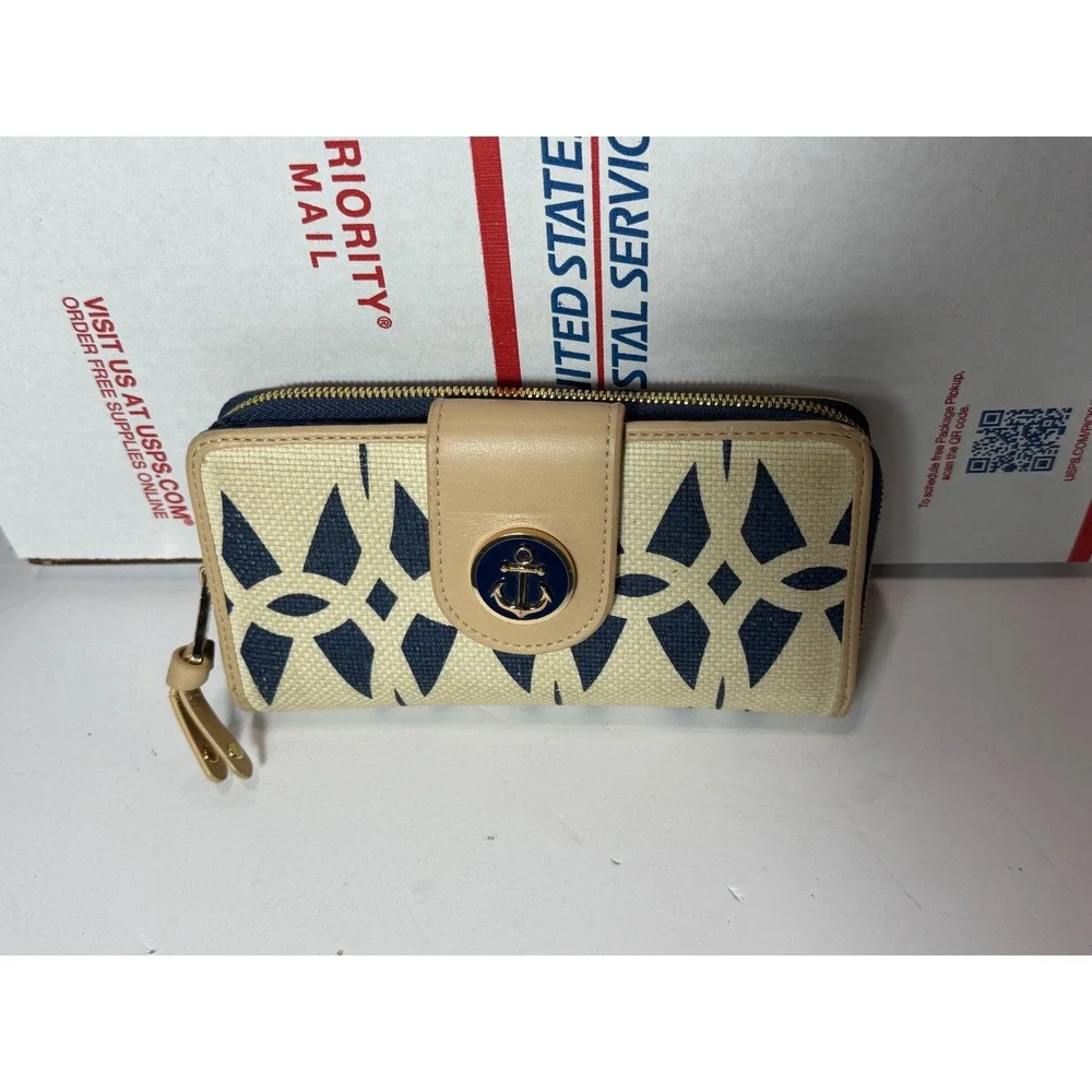Spartina 449 Daufuskie Island Anchor Linen Leather Continental Wallet Navy Tan